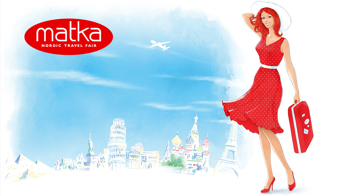 nordic Travel Fair Matka Messut red SKY woman girl sketch business Holiday beach airplane globe