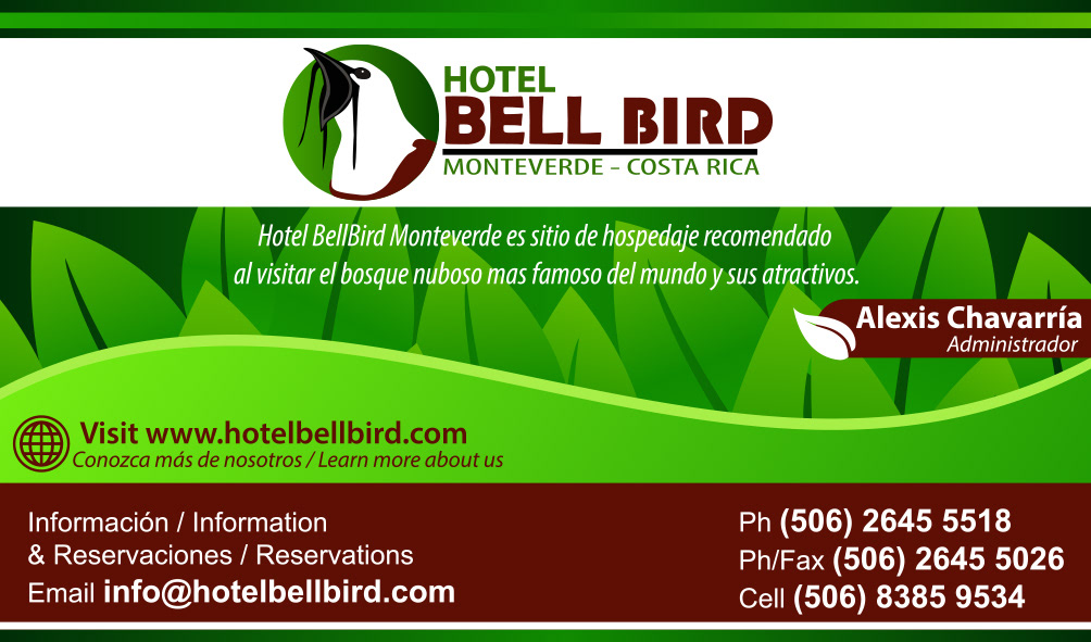 Tarjetas de Presentación Hotel Bell Bird Innova Costa Rica andrés rodríguez Logotipo diseño gráfico impresos impresion Tarjetas de Vista Tarjetas