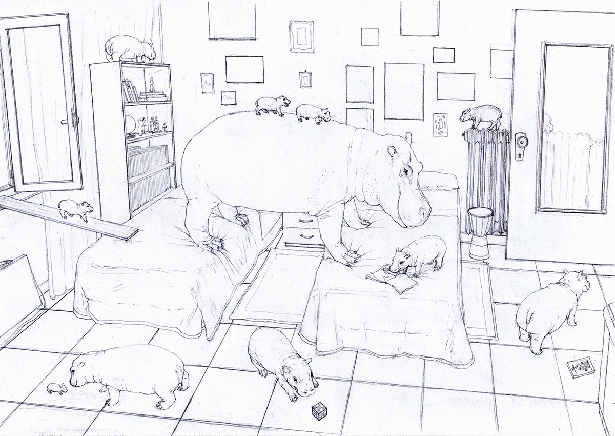 animal animals bedroom blue Drawing  hippos ILLUSTRATION  illustrations magicalrealism surreal