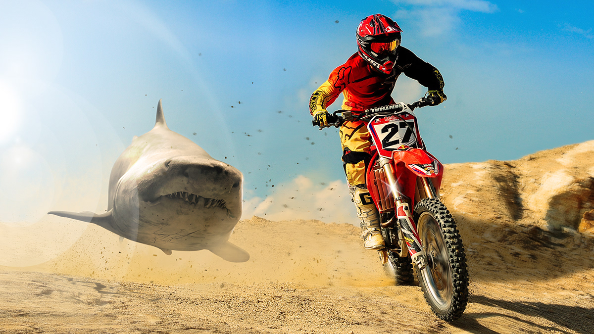 photoshop manipulation retouching  moto Bike shark desert Photo Manipulation  powder Advertising 