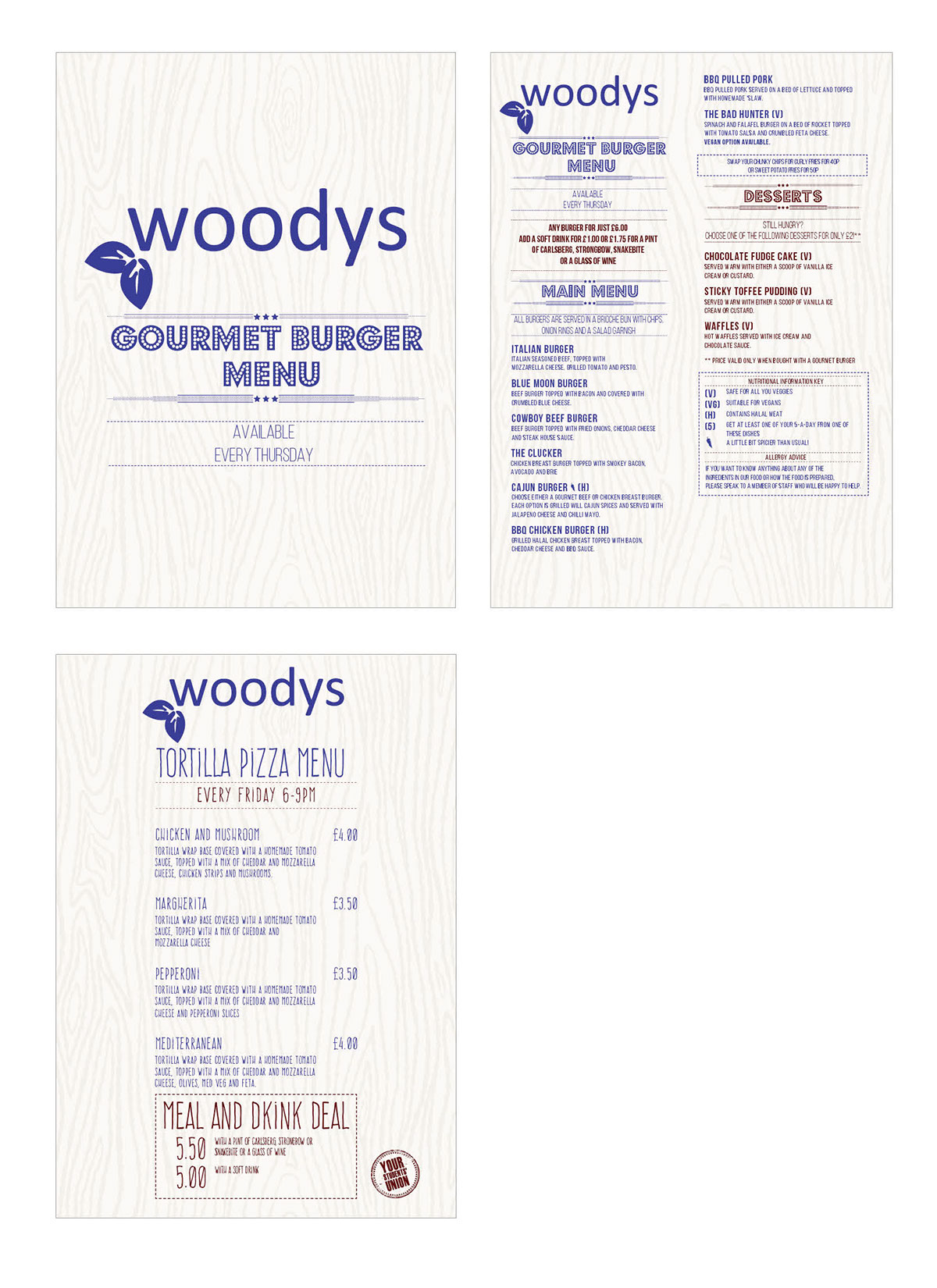 menu burger woodys bar Events Sportspub KentUnion redesign
