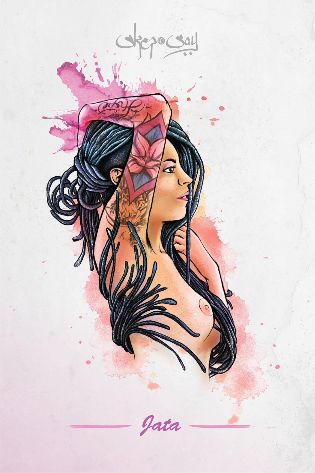 tattoo watercolor photoshop suicidegirl woman nude Flowers Rastas Dreadlocks washcolor