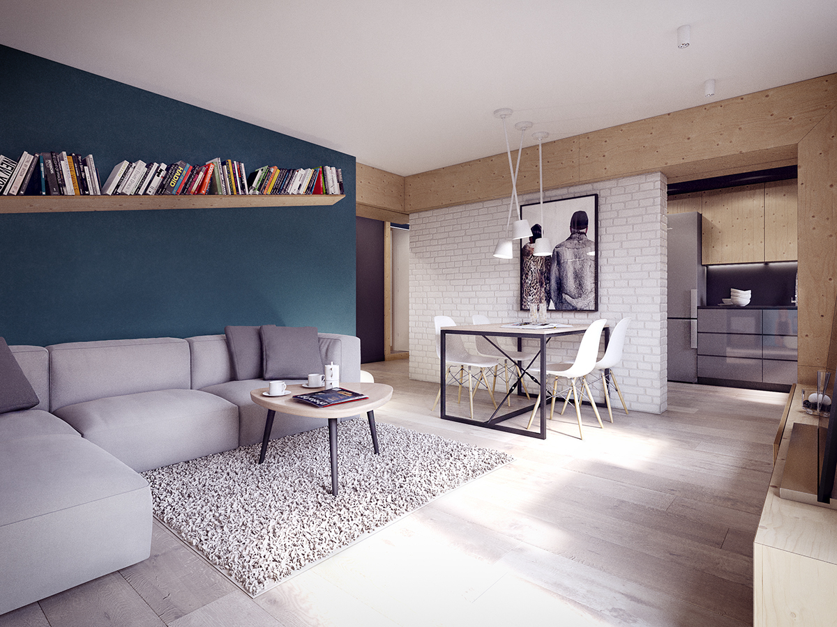 Interior design plasterlina flat lodz cyan plywood warm home