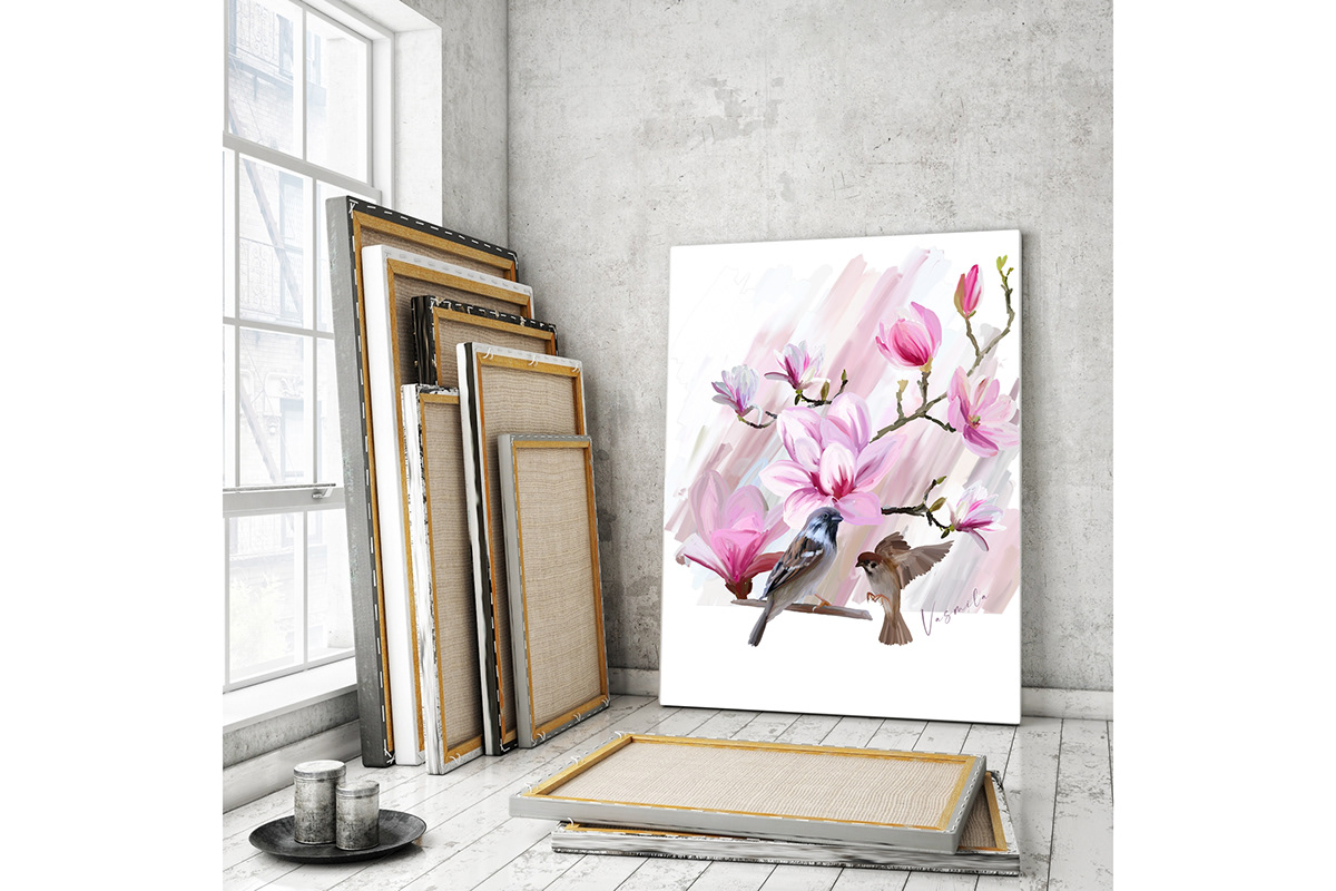 bird digital illustration digitalpainting Drawing  flower Flowers magnolia Nature painting   sparrow