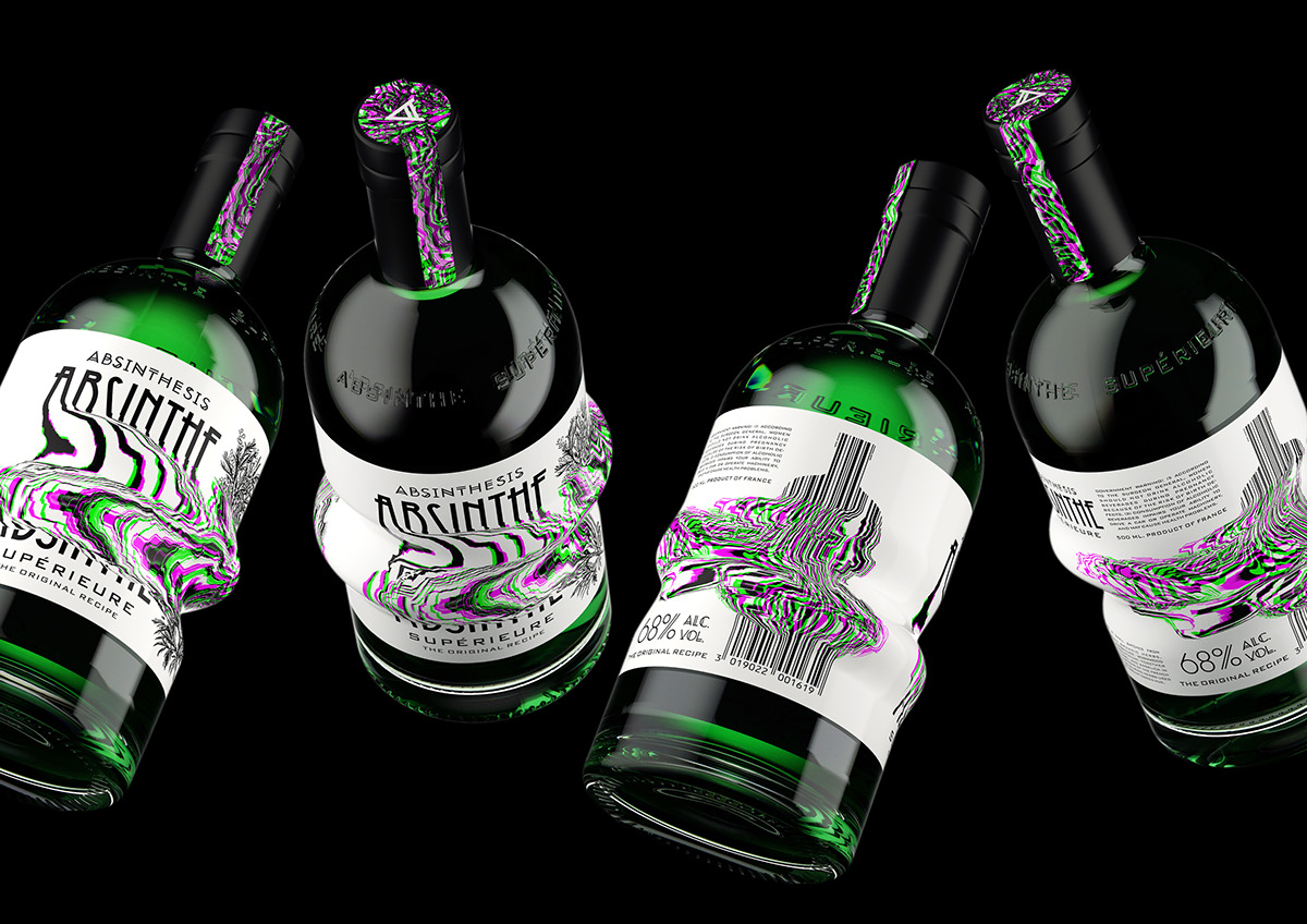 Absinthe absinthesis Glitch concept blue lotus pomegranate acacia catechu grand wormwood shrink sleeve distortion bottle alcohol spirit