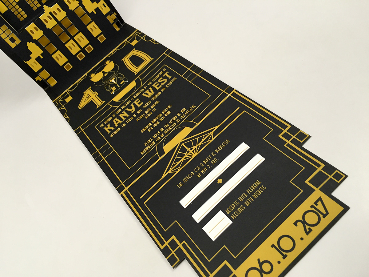 Kanye West Invitation Birthday Jay Z art deco art movement art history gold foil gold american radiator building New York black and gold envelope watch the throne who gon stop