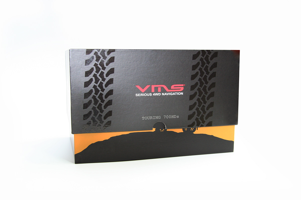 design product packaging vms Creative Design graphic print black red logo 4WD 4x4 spot uv tyre Tire gps