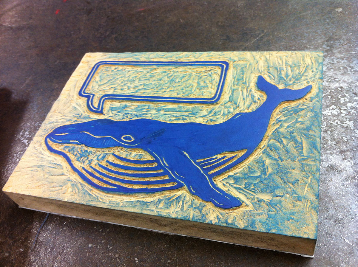 Whale letterpress linocut linoleum wood type card greeting card