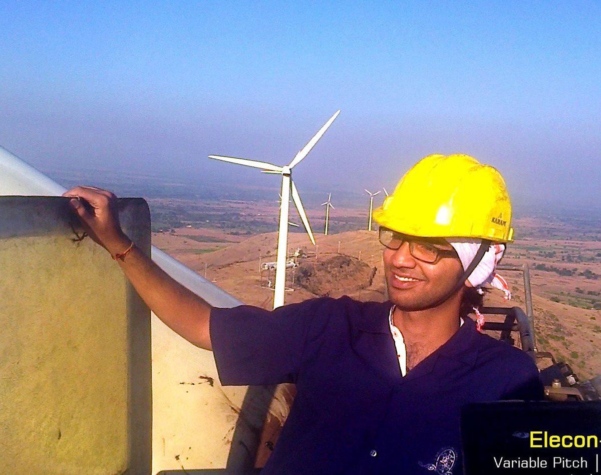 Shreeneet Rathi on top of a Wind Turbine at Satara, Maharashtra