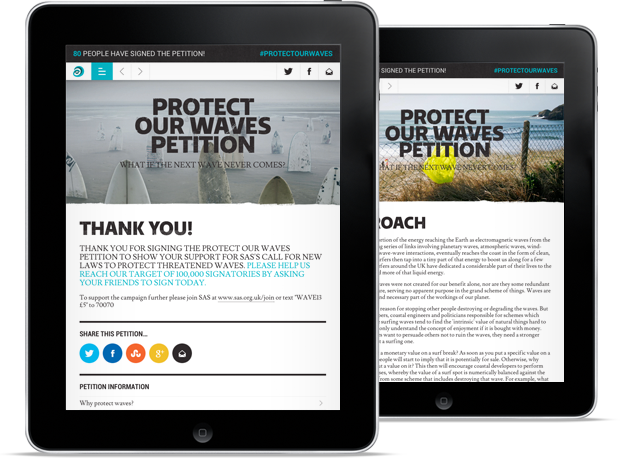 Responsive mobile petition campaign environment surfing Campaign Monitor charity waves Surf non-profit social media extreme sport surfers against sewage