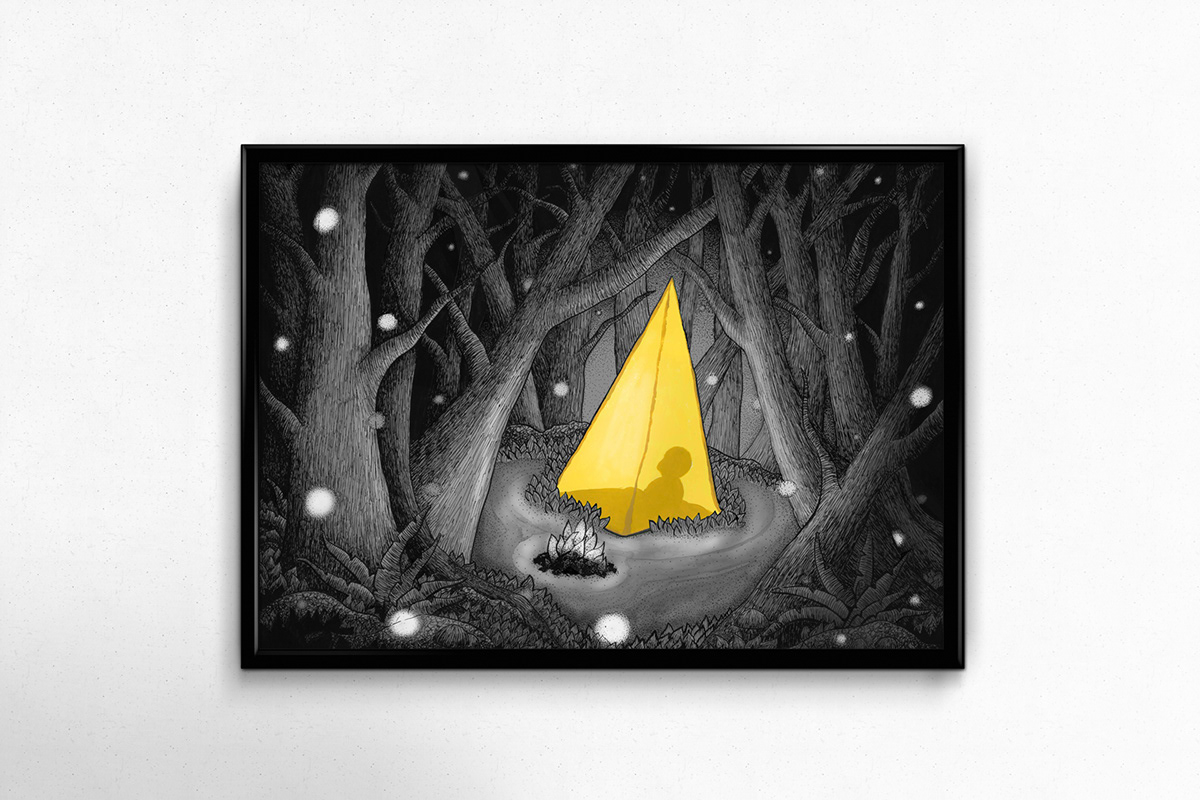 ink  acrylic paint camp firefly fireflies dark night forest Tree  trees hatching stipple tent adventure camping