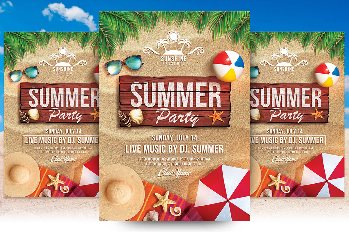 summer hot party. flyer template beach party poster Sun Tropical water swimming