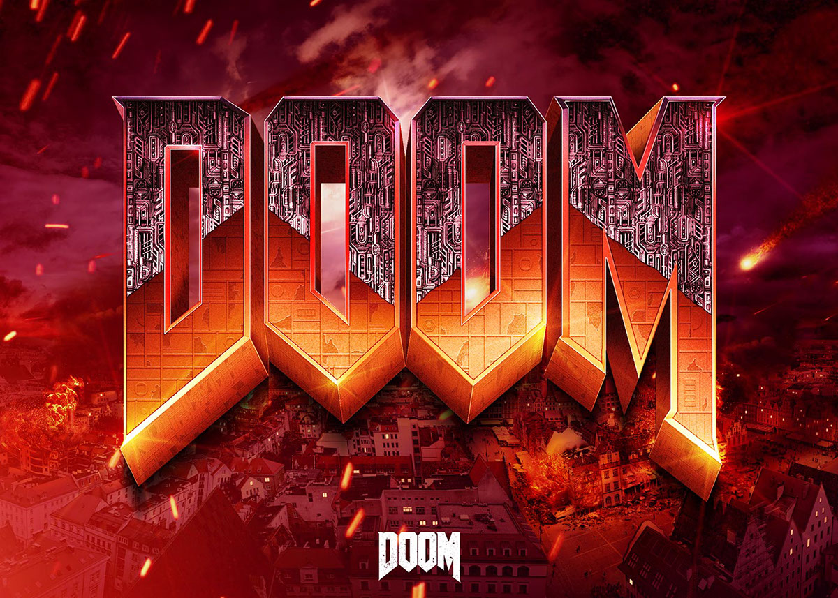photoshop Doom Logo Video Game Artwork 3D Photoshop retro logo design flares video game doom Photoshop cc