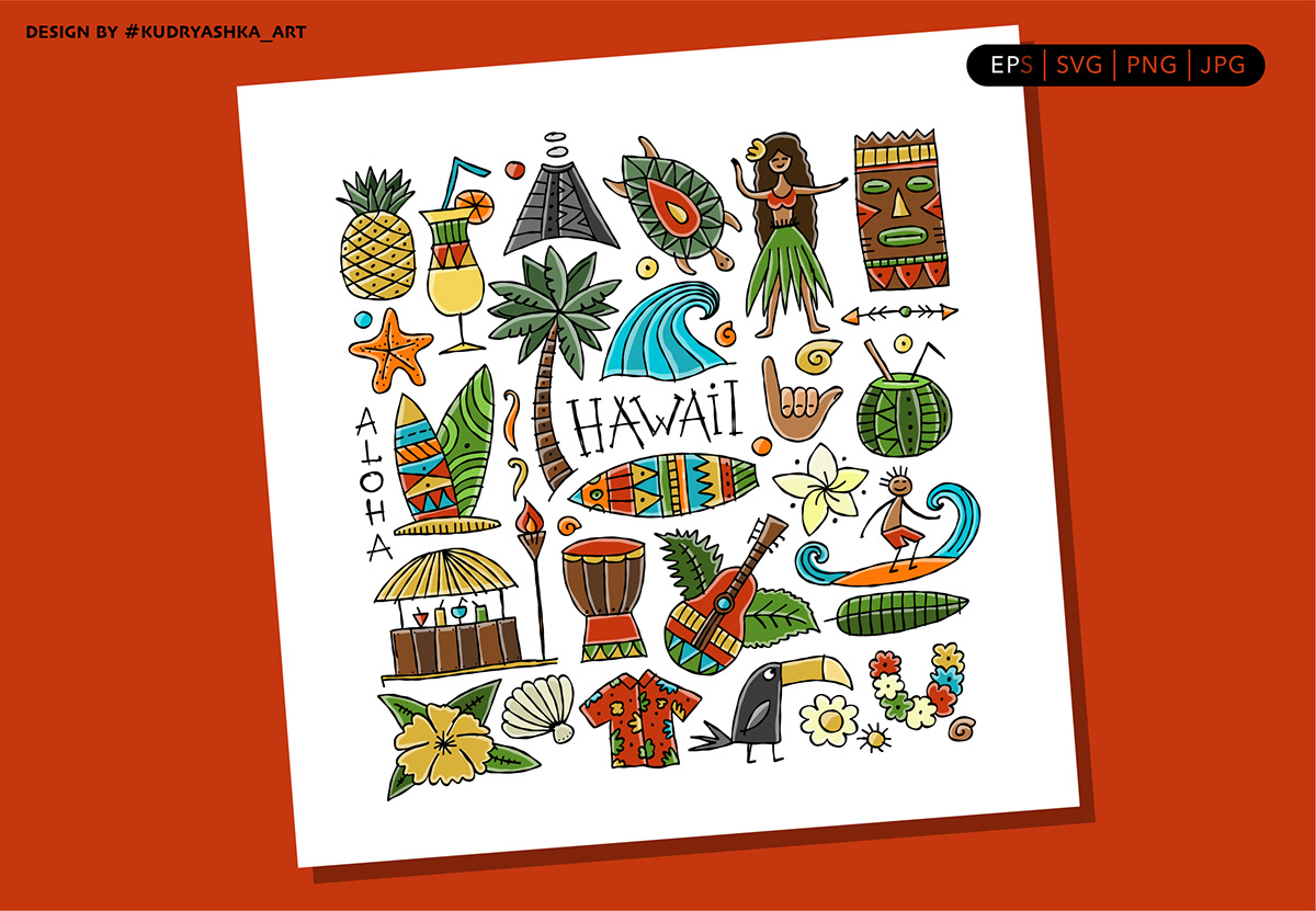 aloha HAWAII seamless pattern icons mug design Poster Design concept art surfing greeting card design Tropical Design