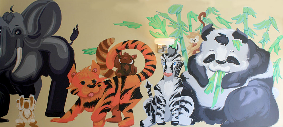 acrylic painting Cartoons zoo hospice Community Work Mural