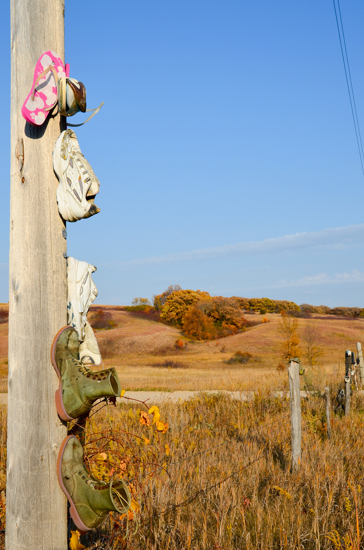 shoes weathered boots heels electrical pole Pole fence rural minnesota Armour Fall Nailed