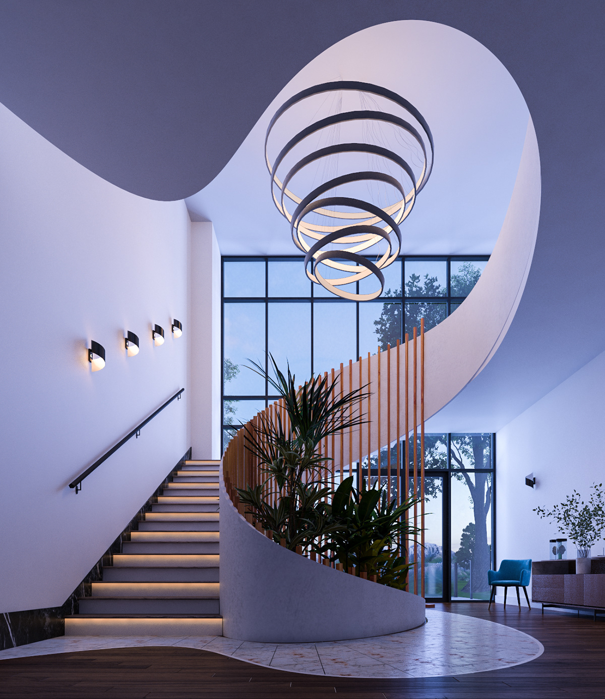 Spiral stair Interior design lighting revit renovation