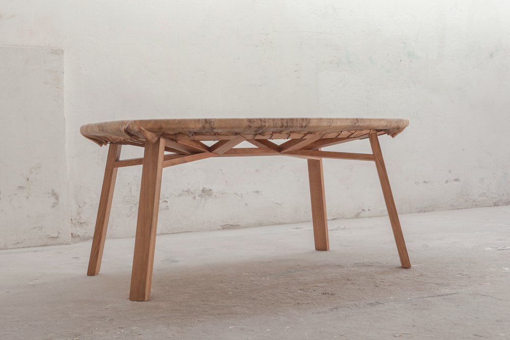 oak skin leather hide palaeo table dining