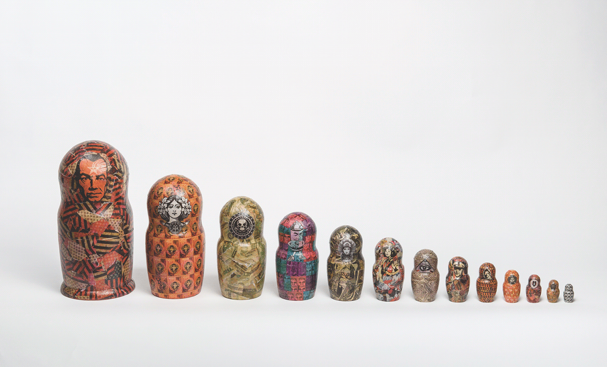 russian Russian Nesting Dolls Shepherd Fairey collage paper hand cut hand crafted paper craft Art Gallery 