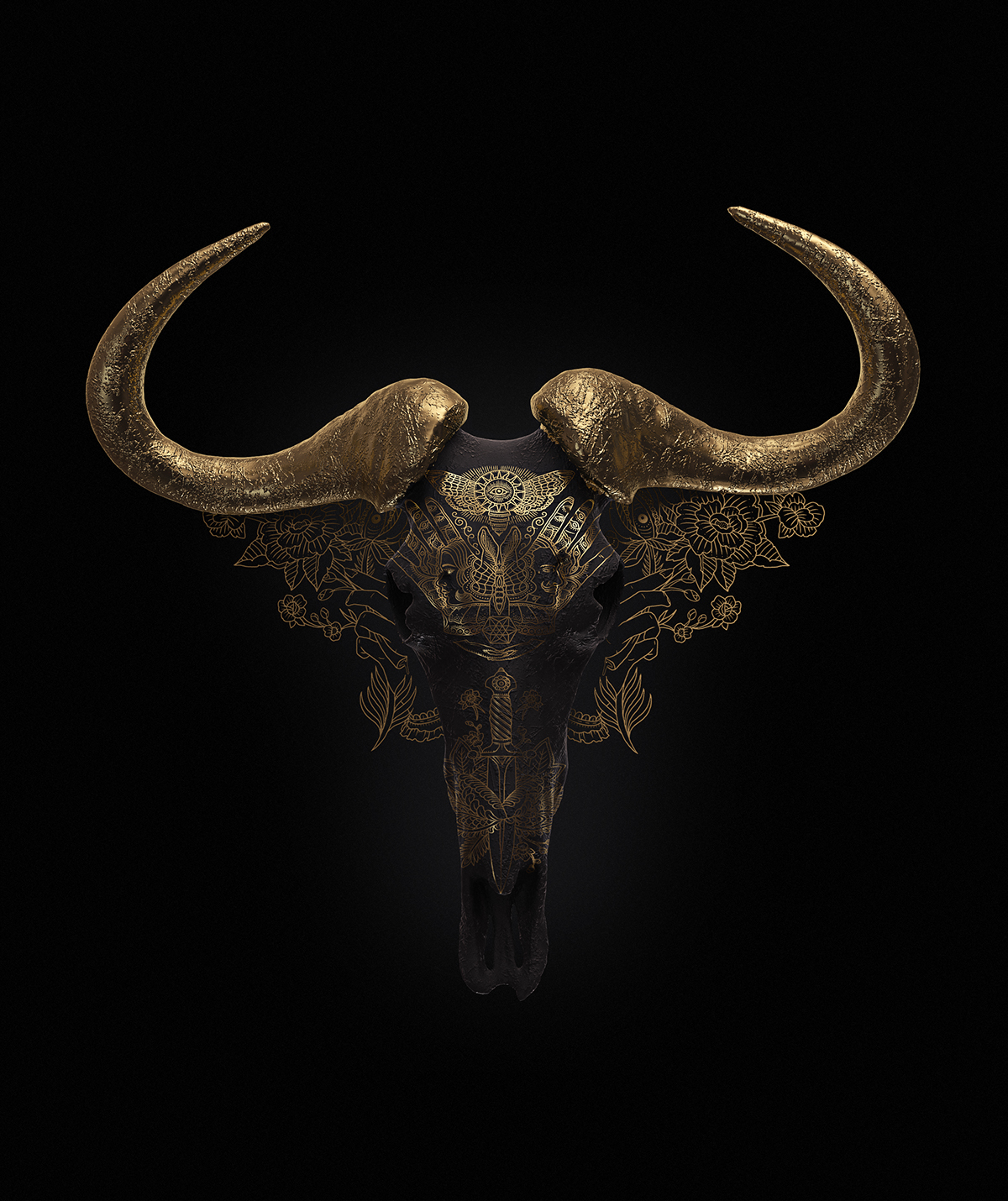 billelis tattoo skull MEGAMUNDEN rose 3D satin engrave gold pattern