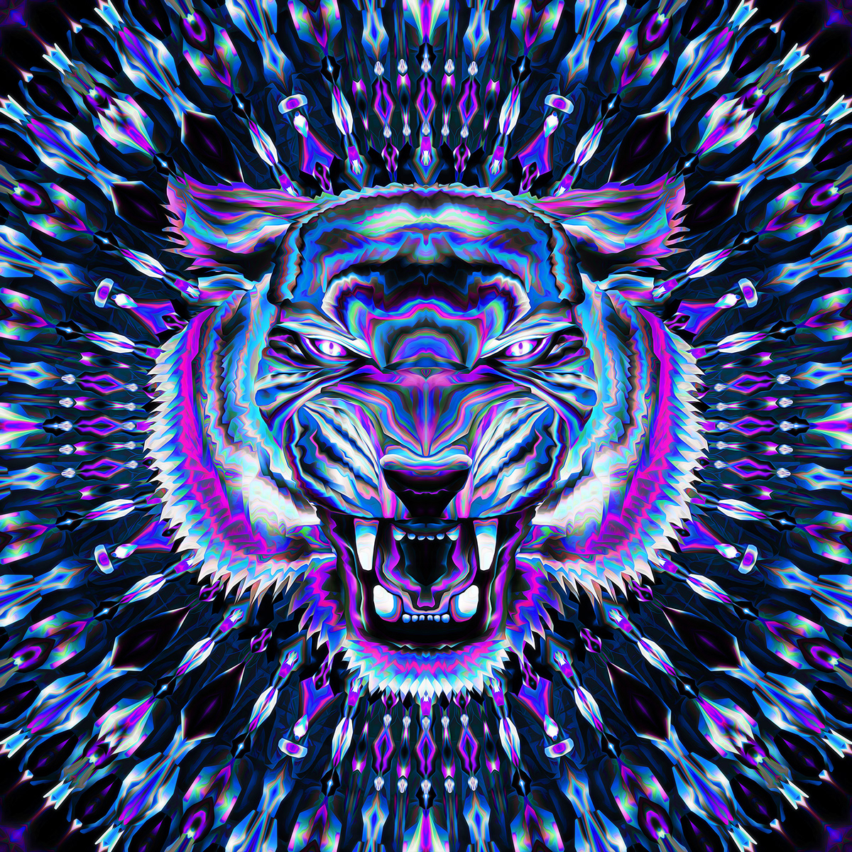 abstract animal Mandala neon nft ornament roar symmetry tiger vector
