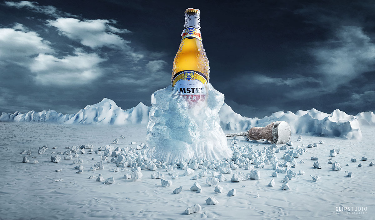 CGI ice broken ice beer cool North Pole 3D illustration