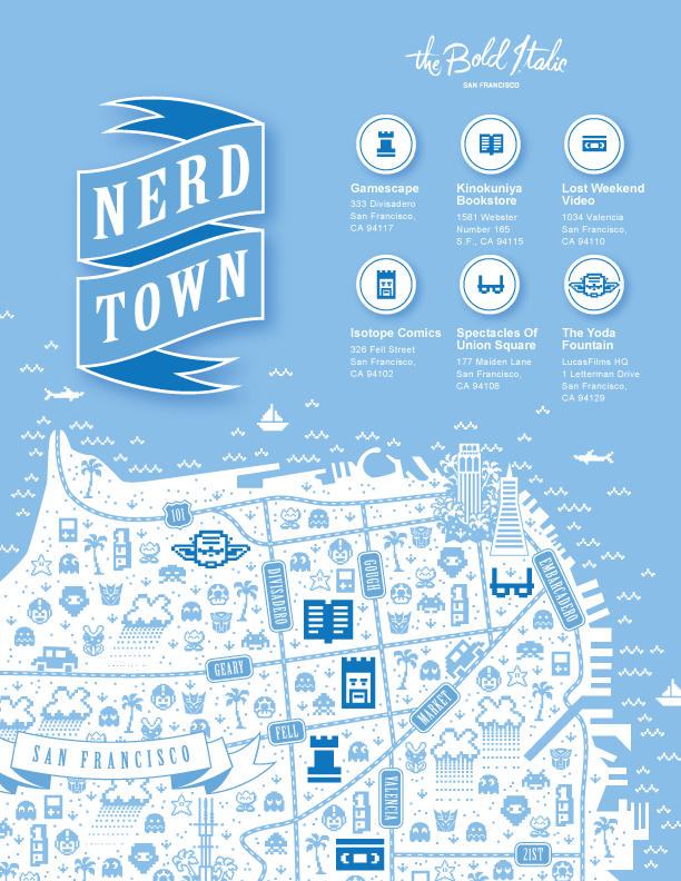 the bold italic infographics  nerds  comics  Video games map  Nintendo  pixelated  8bit san francisco bay area yoda Nerd Nite