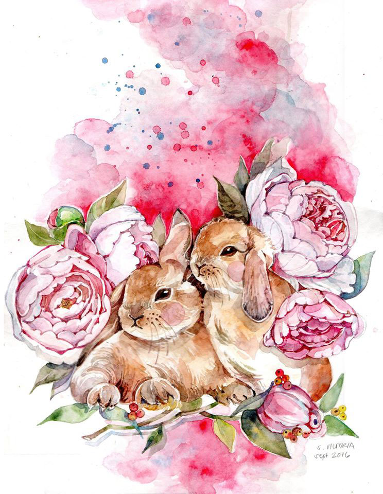 cute bunnies florals rose Botanicals delicate watercolor