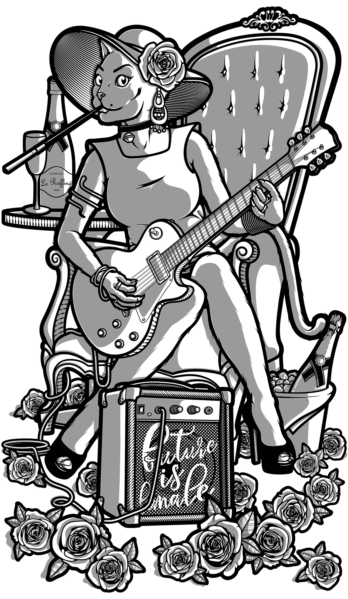 Cat vector ILLUSTRATION  guitar rock Roses queen female music elegant