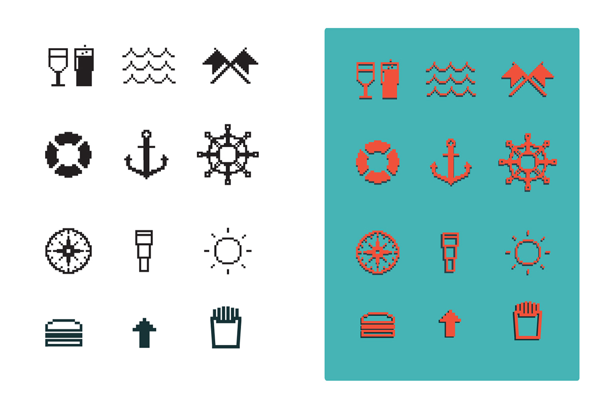 visual identity restaurant bar maritime sea bottle pixels icons Pixel art  Map sukkerbiten seafood fish and chips maritim Sailor