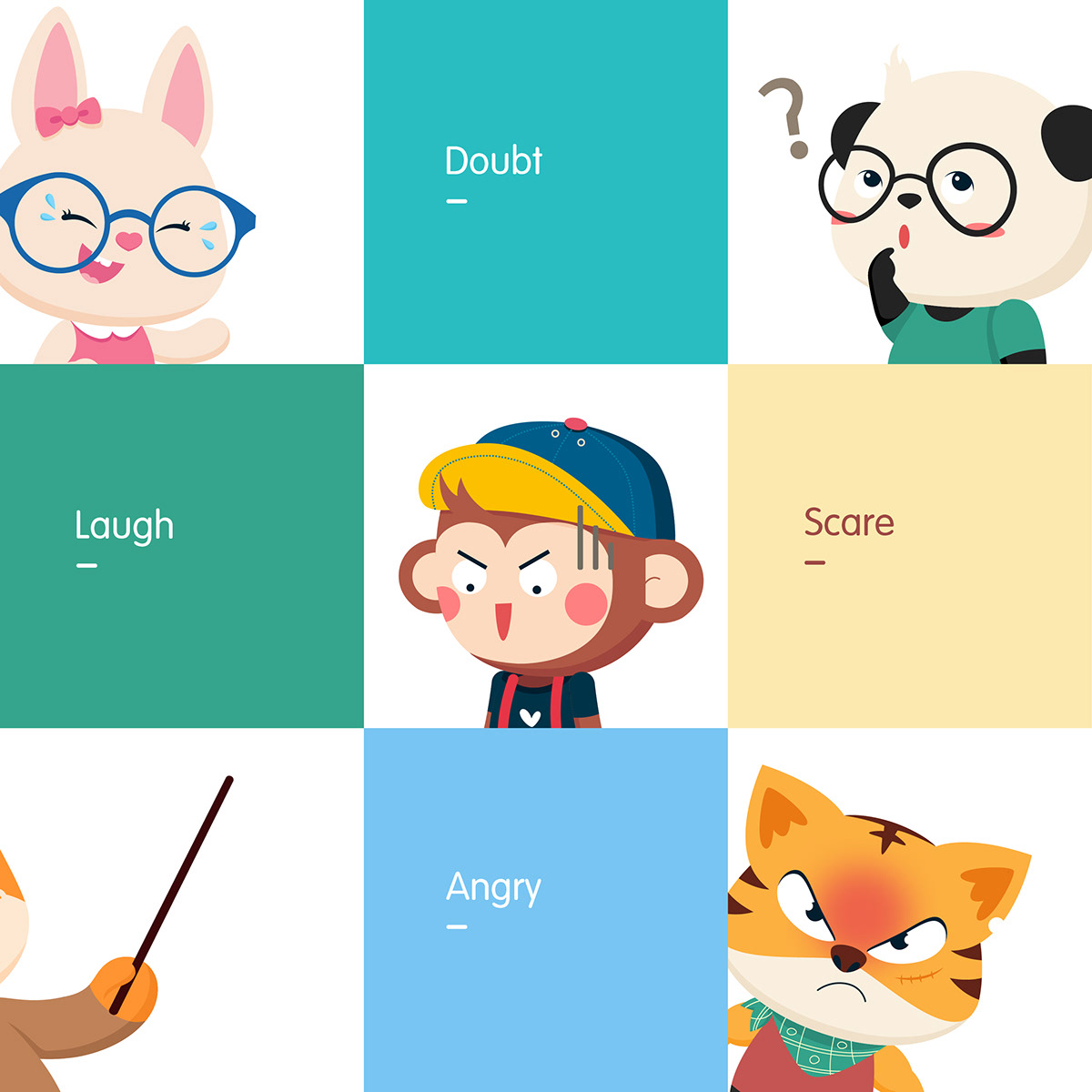 Character design  cartoon cute Panda  rabbit FOX cow monkey teacher tiger
