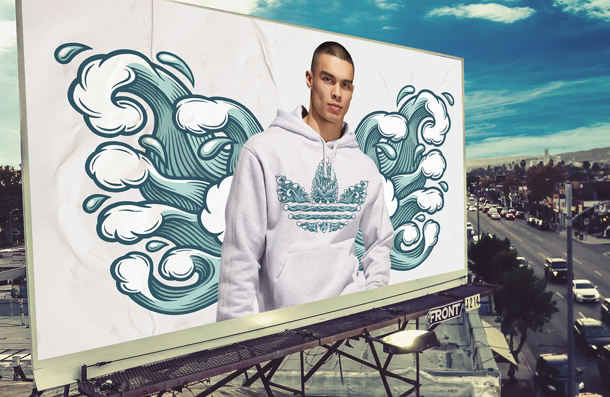 Outdoor billboard feat model wearing adidas elements logo hoody with ocean waves graffiti background