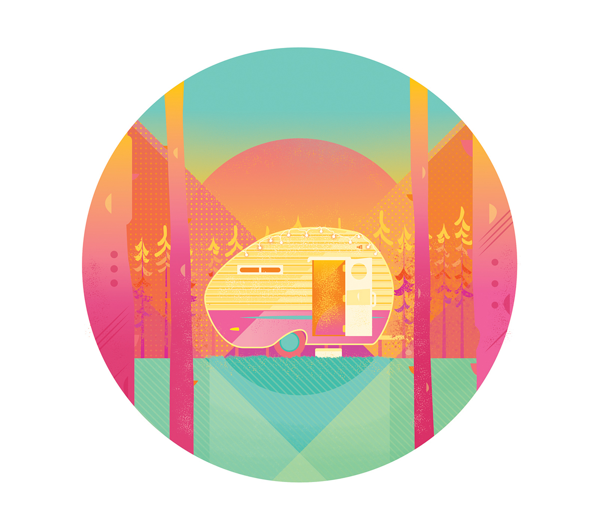 art print Travel cabin Holiday vacation home caravan forest house romantic Ben the Illustrator Colourful  colorful trees