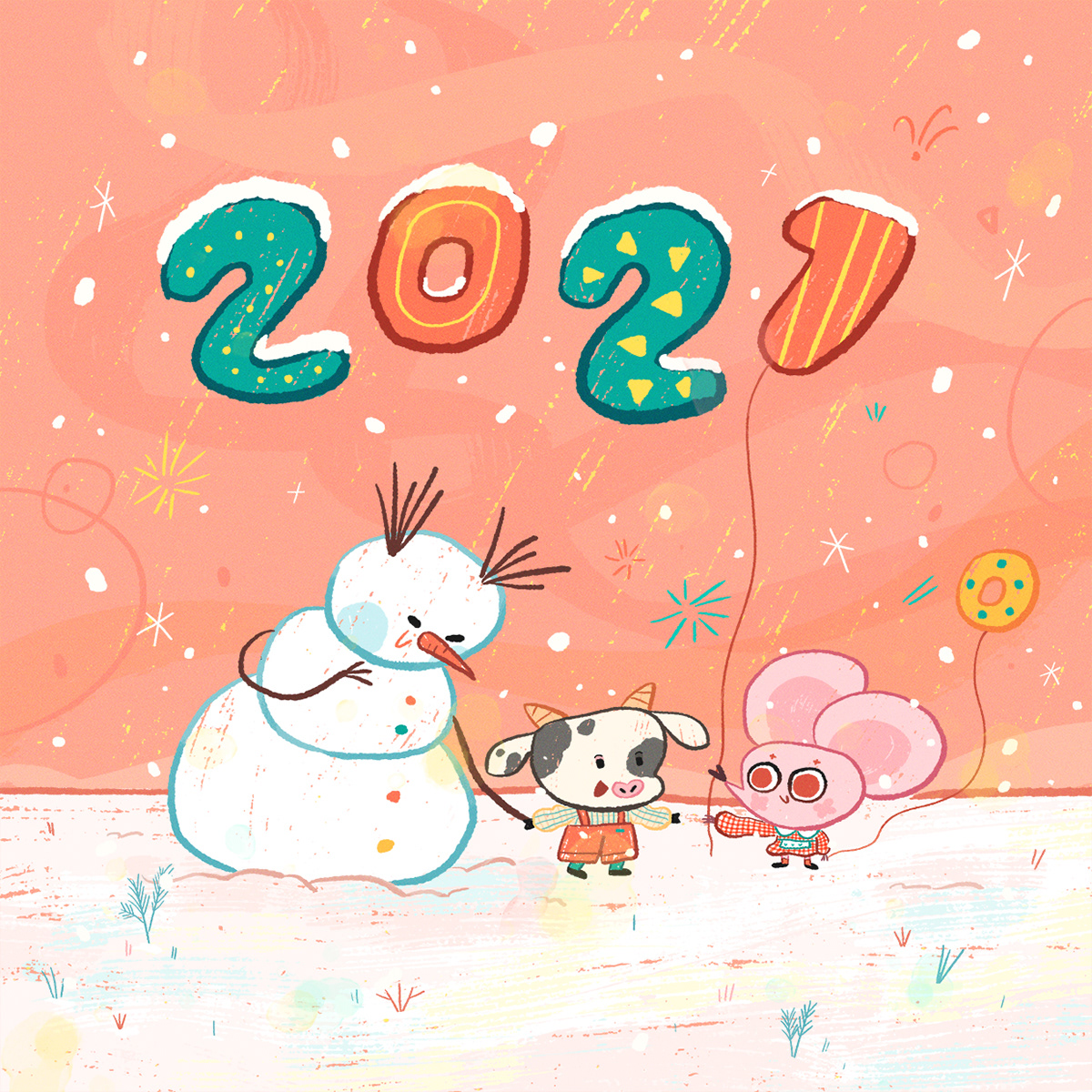 2021年 HAPPY CHINESE YEAR 儿童插画 新年快乐 牛年