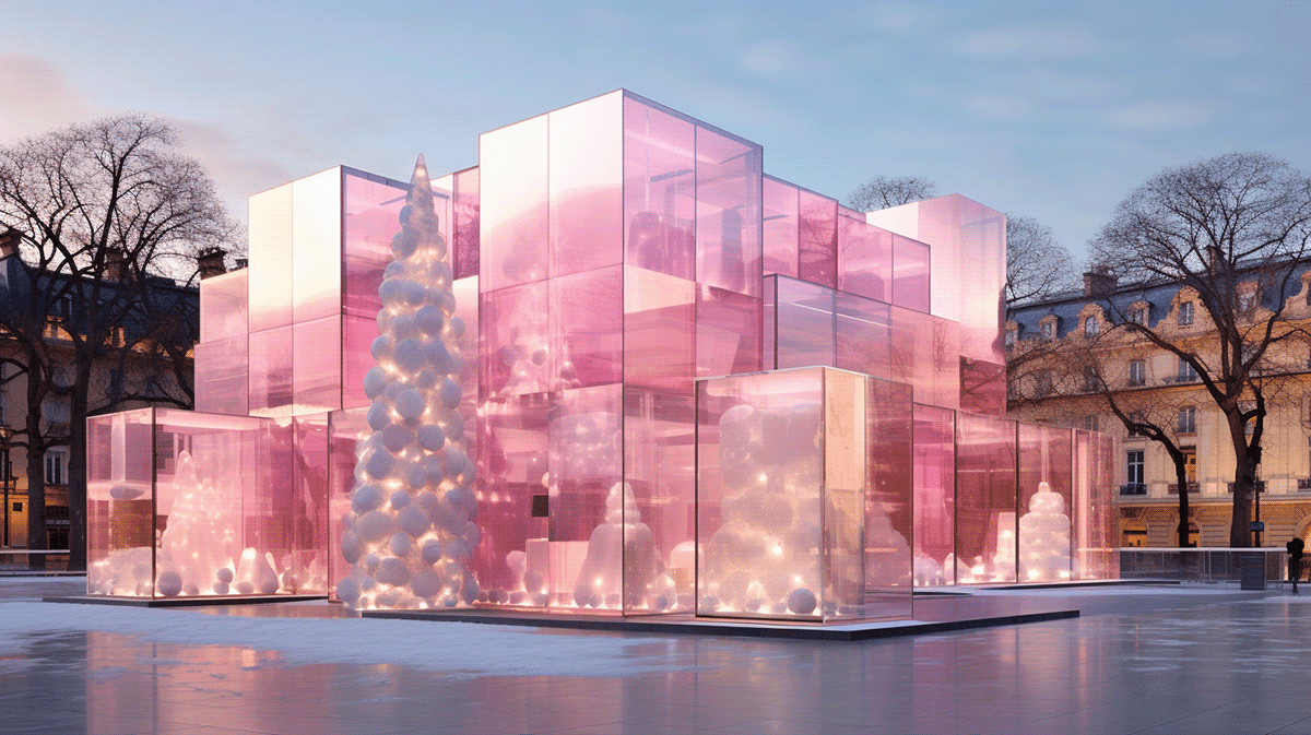 Concept store store design architecture ephemeral ephemeral architecture luxury midjourney pastel pink Christmas