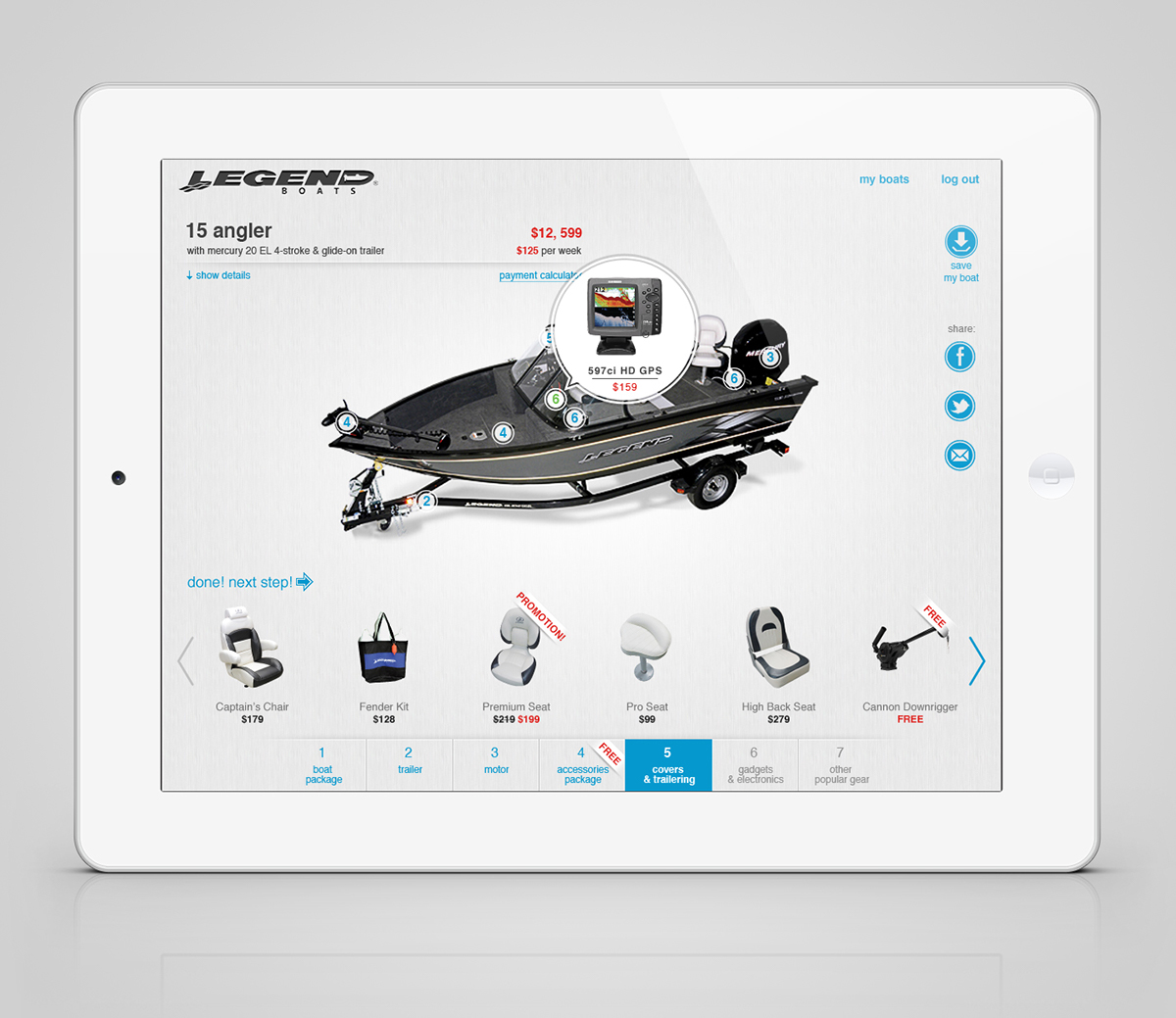 builder application iPad web application boat constructor ux legendboats Custom customization shop Online shop Ecommerce