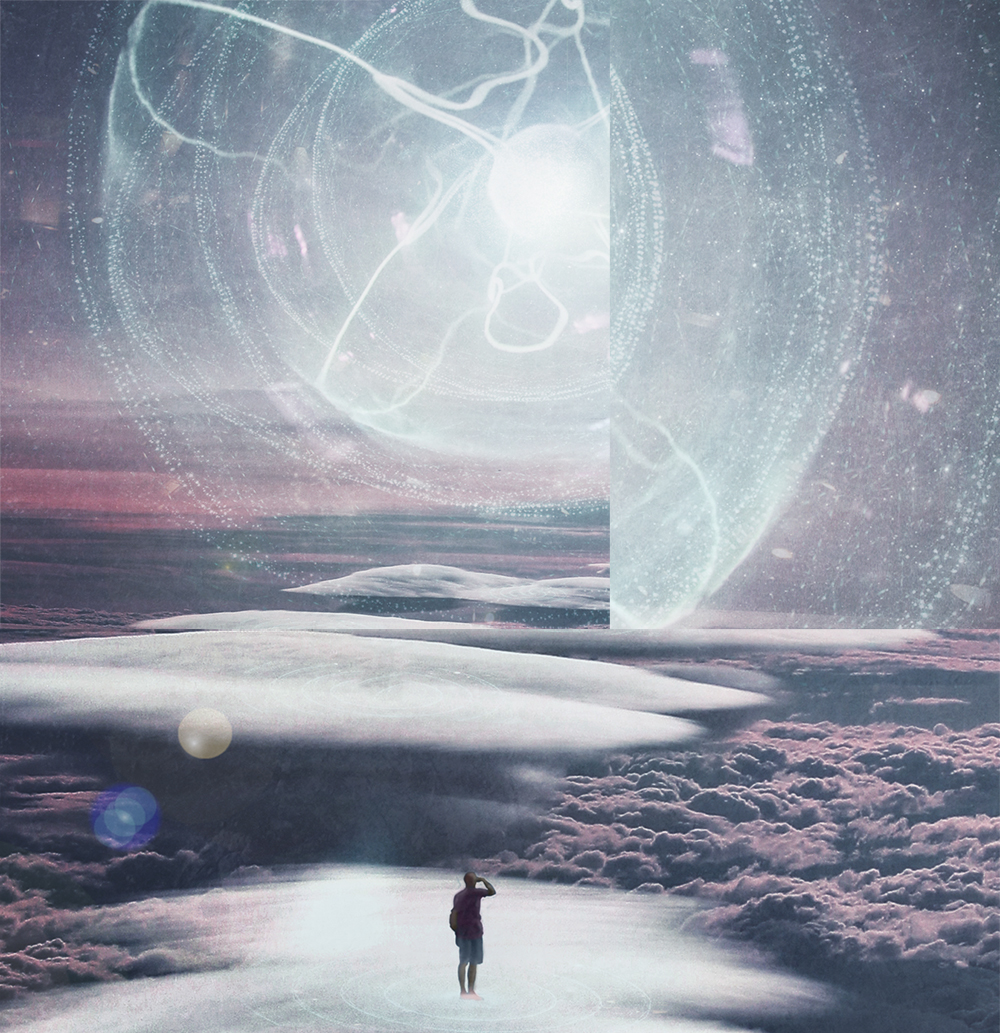 Photo Manipulation  photomanipulation in clouds dreams Dreaming surreal psychedelic light book cover CD cover Above Clouds light orb light gate sleeping other dimension