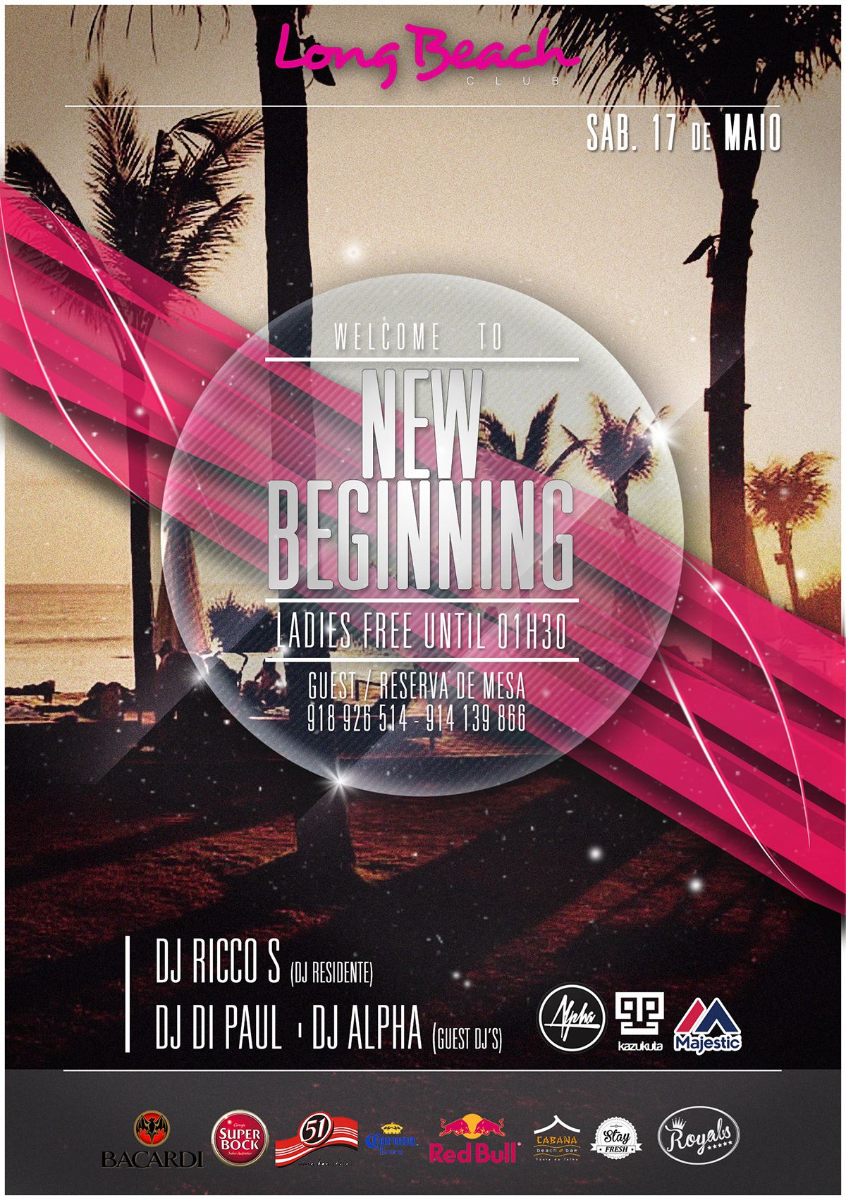 long beach club Portugal flyer poster card guest night life glamour new beginning palms sunset