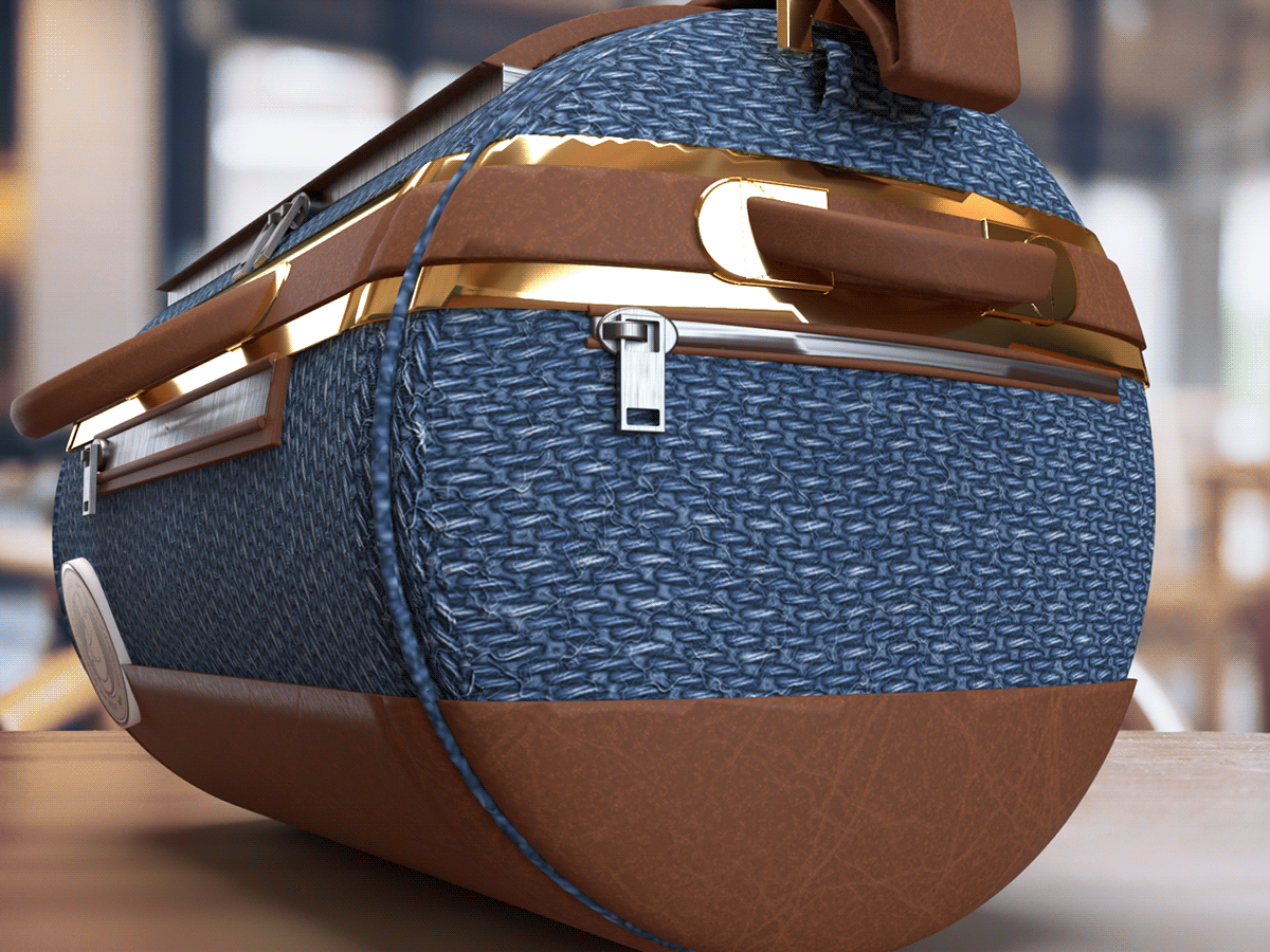 A grainy image of a 3d designer bag concept render in denim. The Burrough bag, by Darius Frank