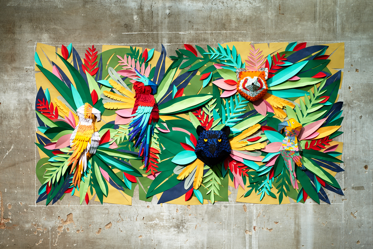 paperart paper design colors jungle animals trapical masks vegetation panther redpanda parrot Wall Installation Mural