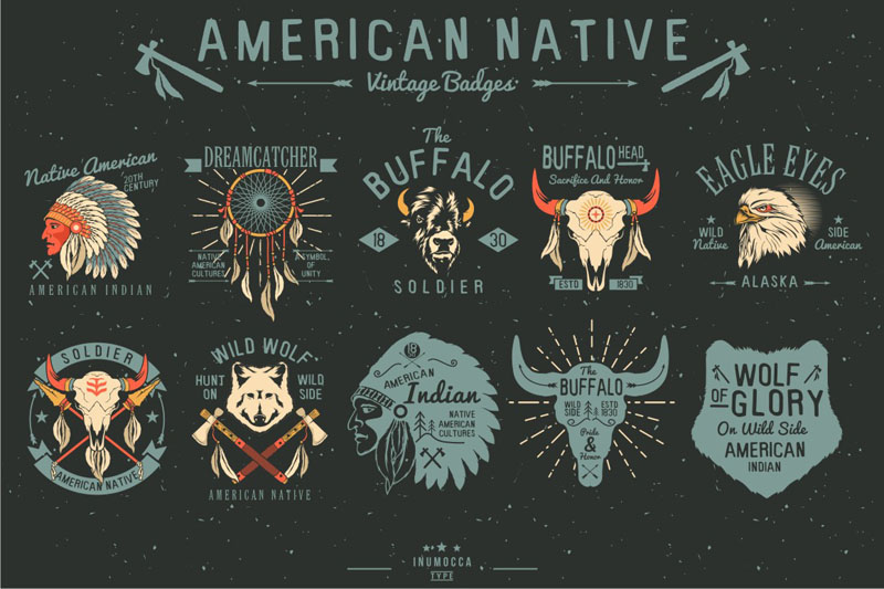 native american vintage badges Native indian Buffalo wolf wild Dreamcather american indian inumocca   Badges