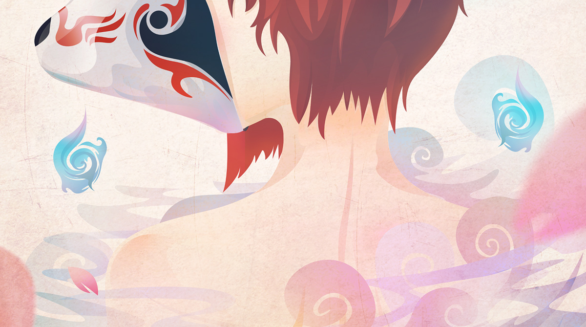 kitsune japan deity God spirit Flames vector shape red hair texture