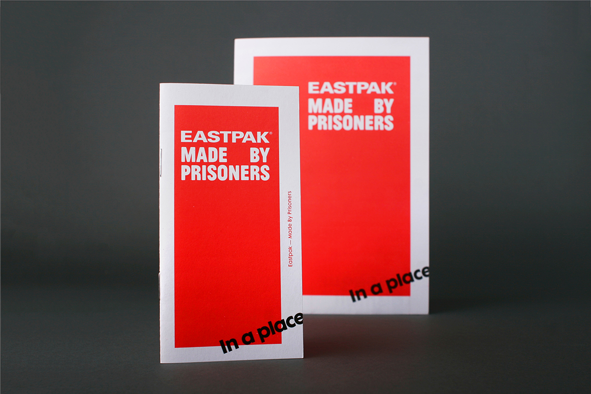 eastpak made by prisioners hangtag pos folder identity bags Futura type printed matter Booklet leaflet concept campaign