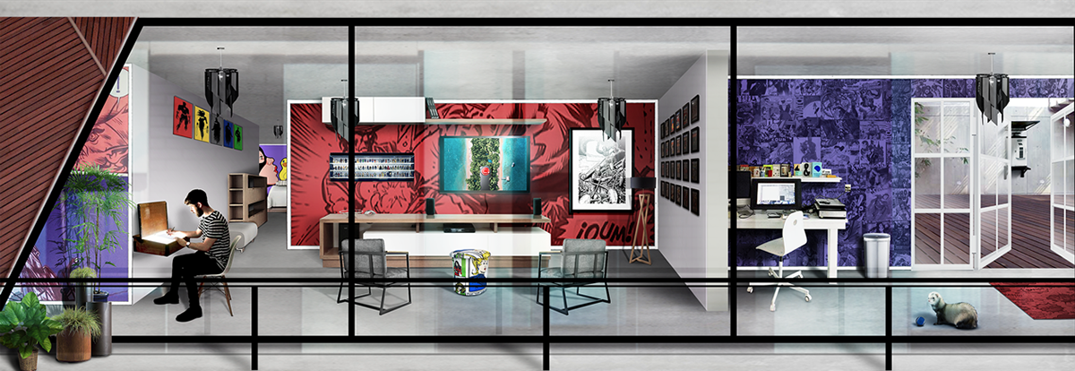 apartment, comics, living room, desktop, window reflection, drawing, plants, art