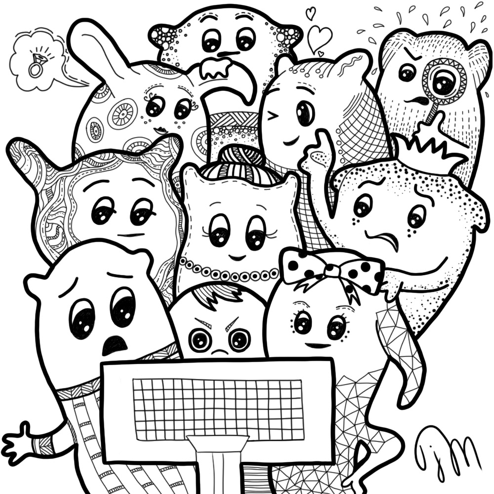 black and white characters creatures doodle doodling family tv show watching tv