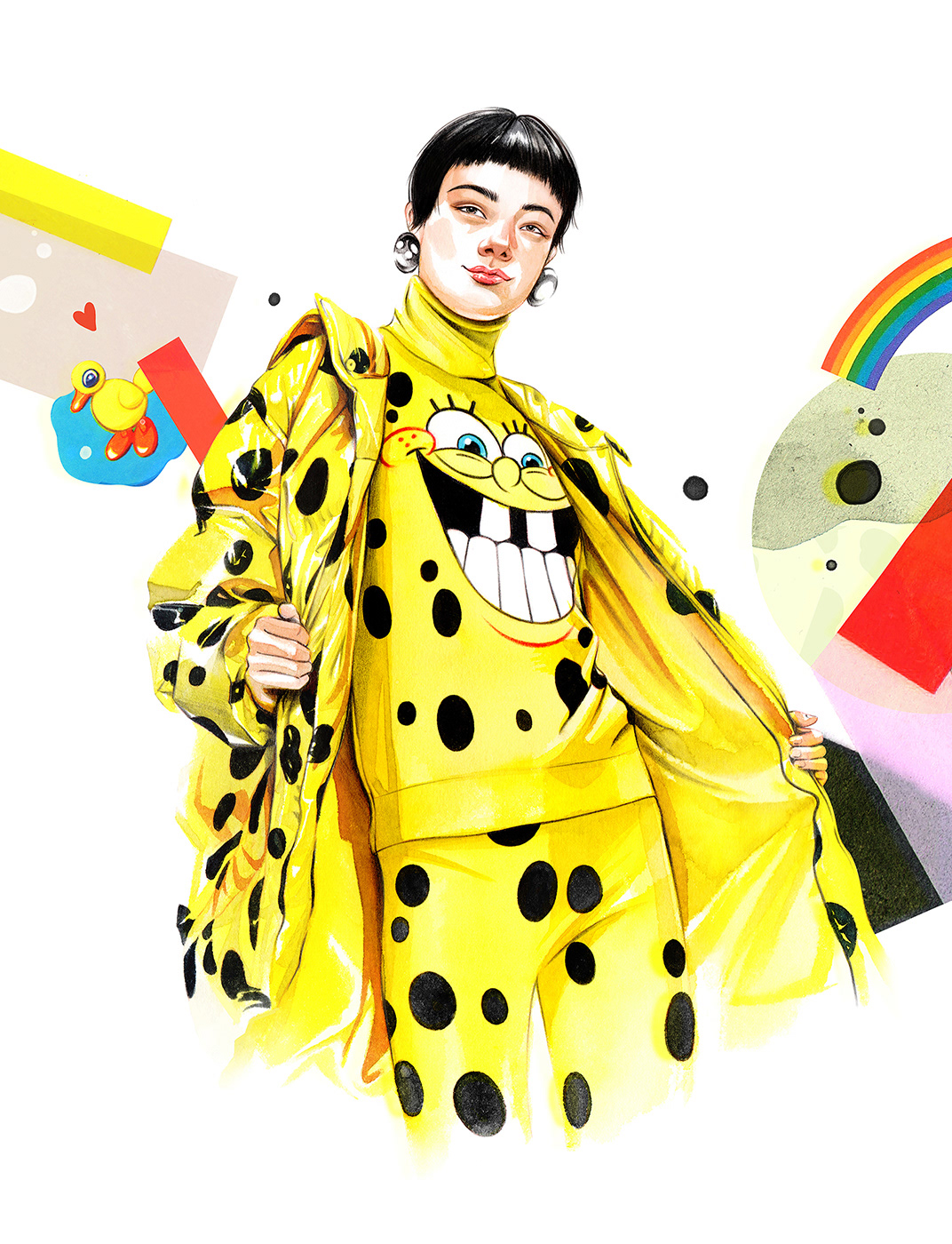 collage ecoline fashionillustration fashionillustrator Moschino sponge bob watercolor