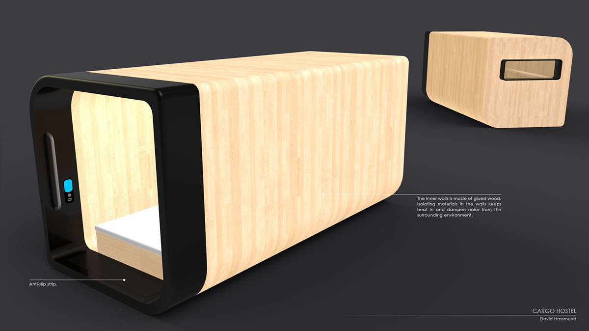 Cargo hostel container Compact living capsule hotel David Hassmund miun mid sweden university concept Cargo interaction touch screen sleep