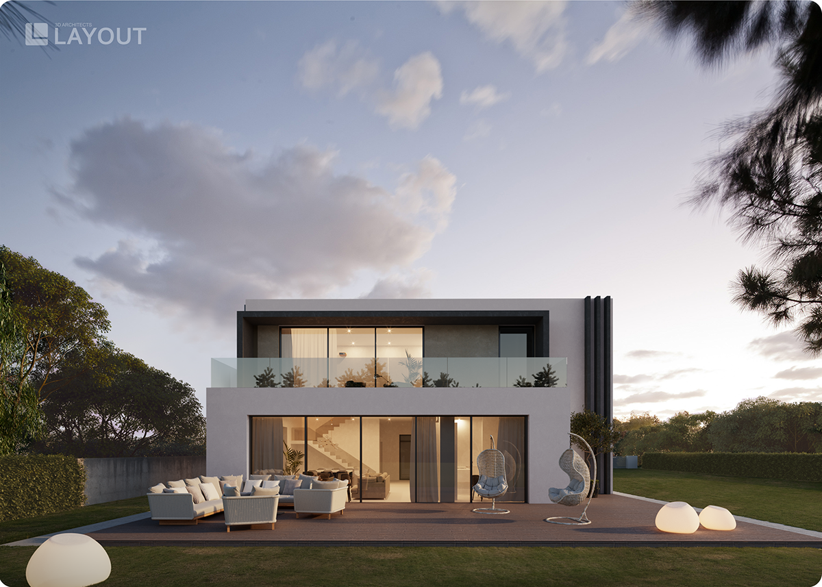 architecture design Landscape singlefamily house modern CGI Render visualisation Evening
