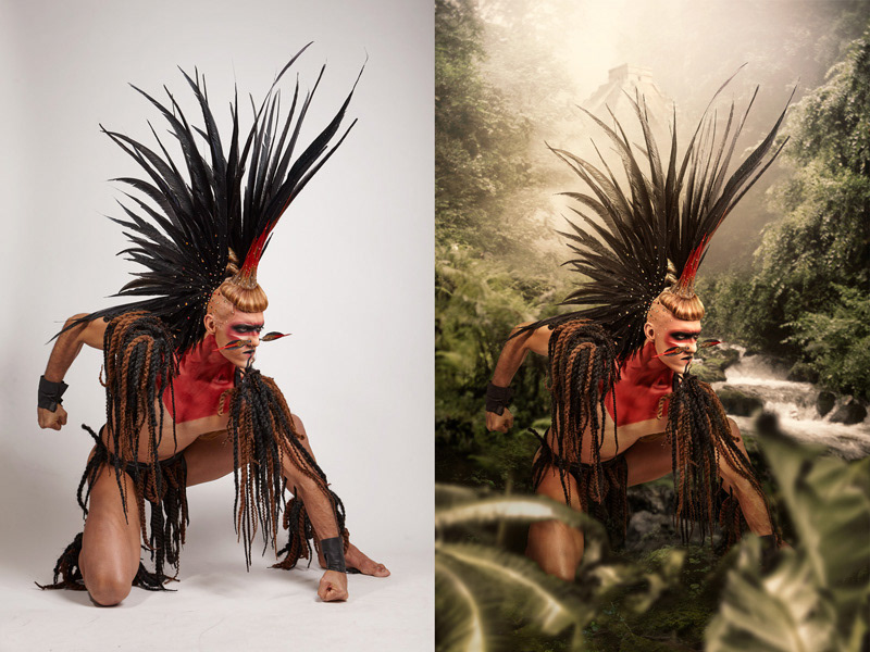 mayan warrior retouch Editing  Tempel photoshop creative headpiece strong beforeandafter
