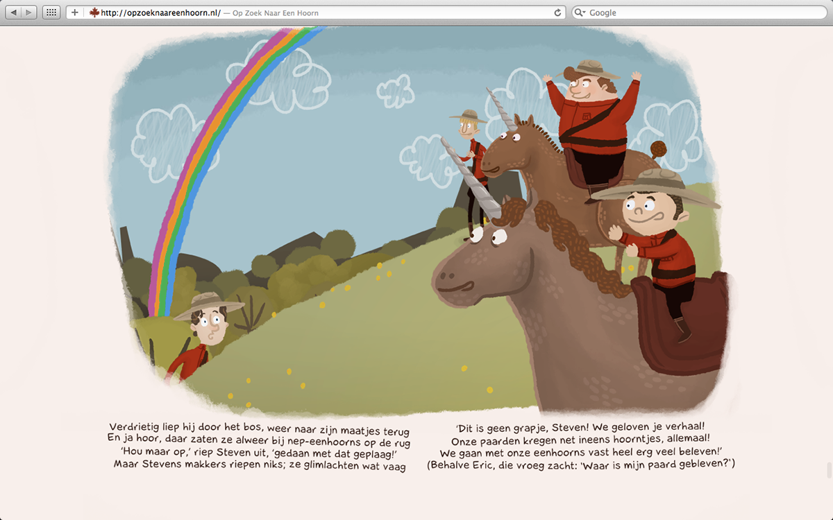 parallax Website unicorn eenhoorn mounty Canada Scrolling children's book Horn rainbow story